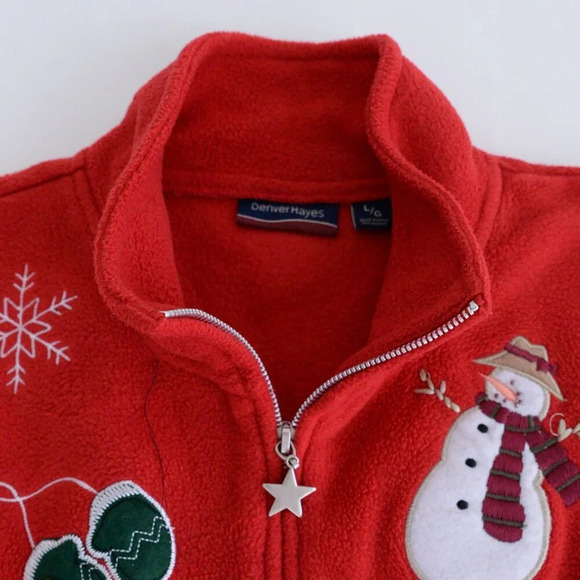 Vintage Denver Hayes Red Embroidered Snowman Festive Fleece Zip Sweater Vest L - Picture 9 of 9